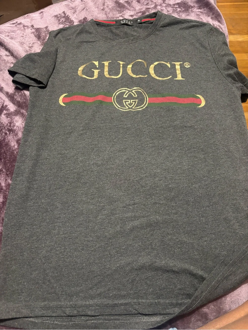 Gucci Charcoal Gray Logo Crewneck Tee with Red and Green Stripe